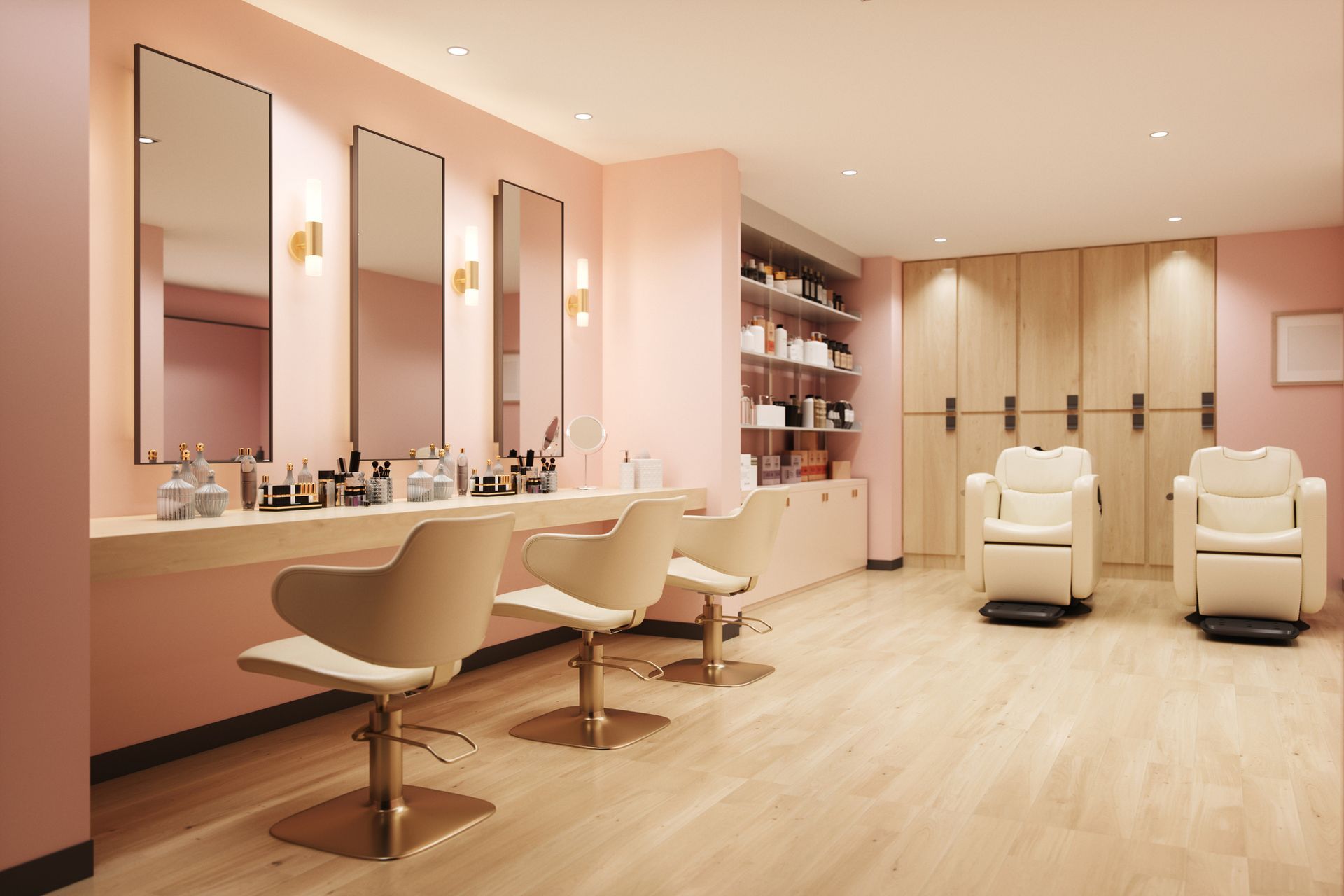 An artist 's impression of a hair salon with pink walls and wooden floors.