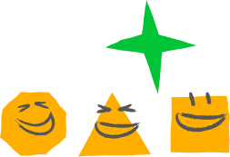 Smiling yellow shapes below a green four-pointed star.