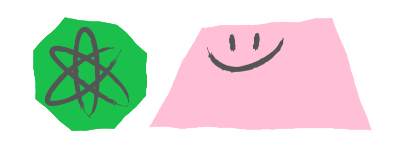 Green octagon with atom symbol and pink trapezoid with smiling face.