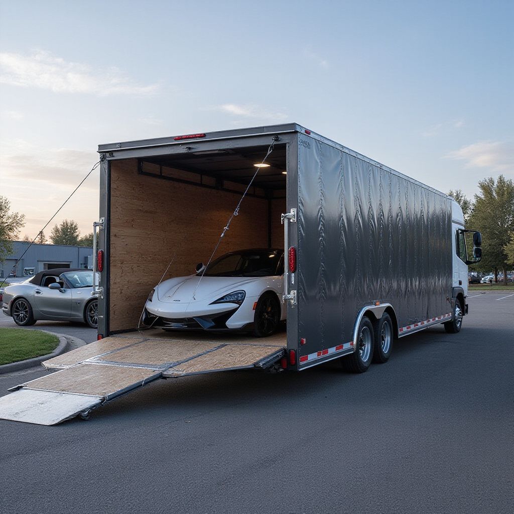 A white sports car in a gray enclosed trailer with ramp open. Another car sits outside.