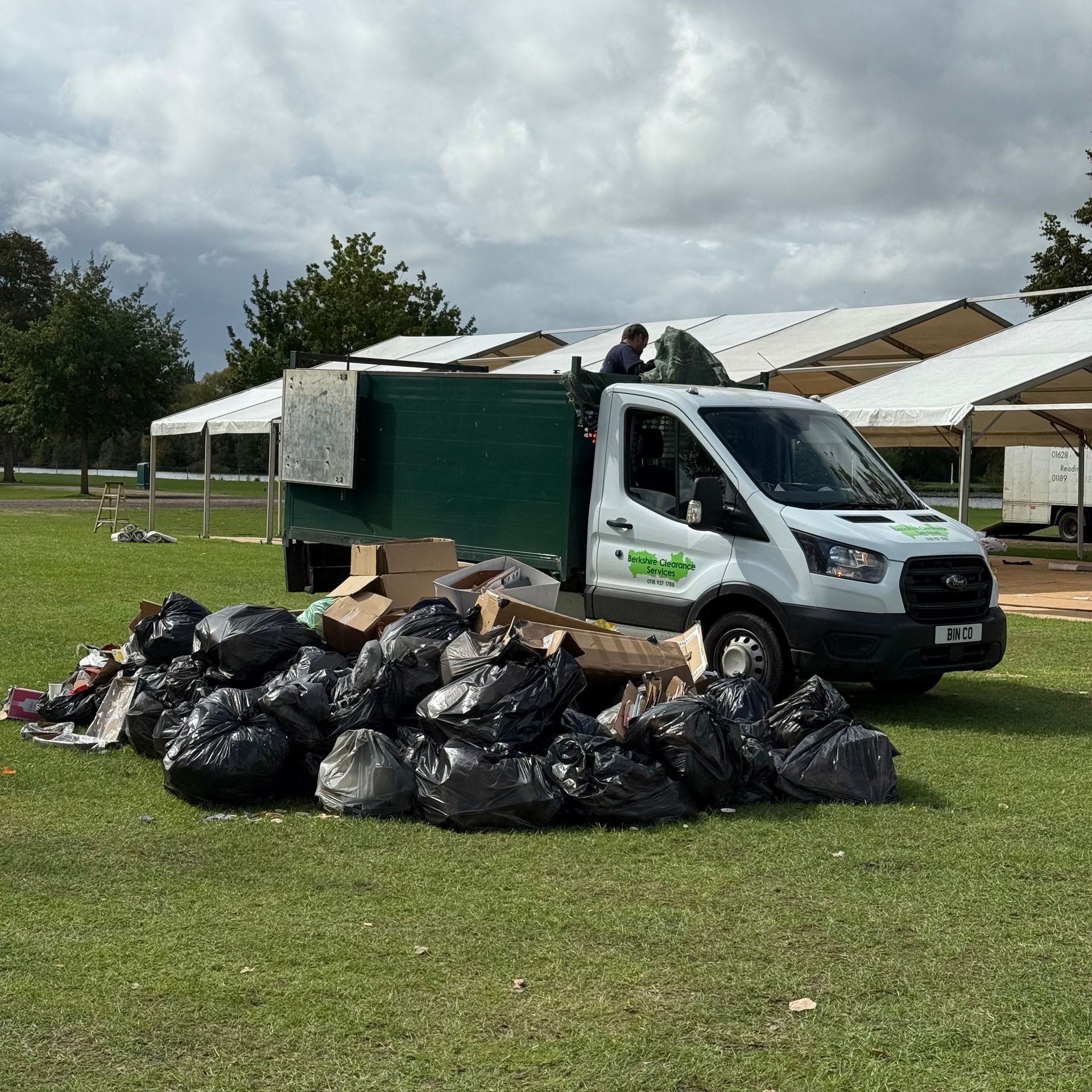 Berkshire Clearance Services collecting black bags and cardboard at a Henley-on-Thames event, same-day waste clearance.