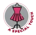 A pink dress on a stand inside a grey circle with a dashed border, labeled "A SPECIAL TOUCH" in dark red text.