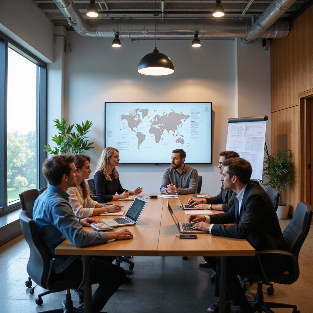 Business meeting in a modern office. Six people around a table with laptops, focused, discussing a presentation on a screen.