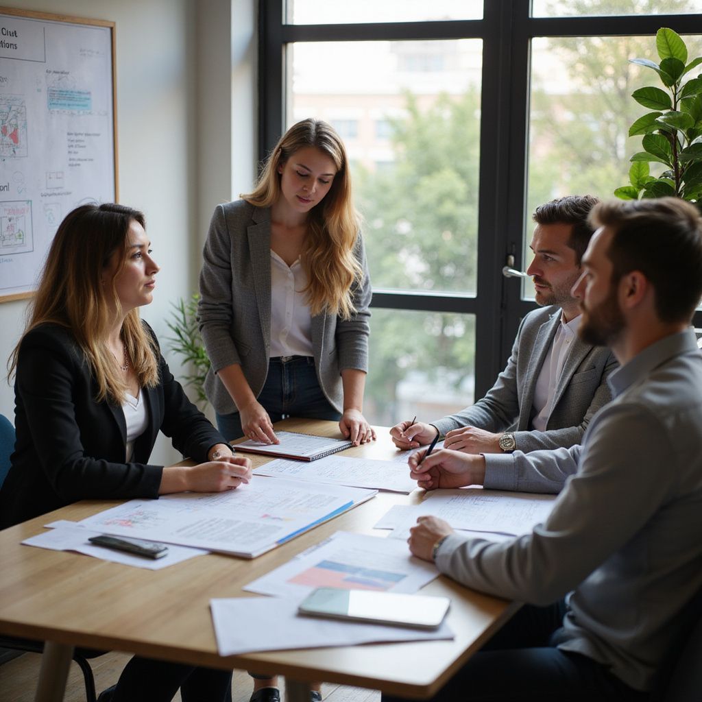 Four businesspeople at a table reviewing documents in an office. One woman stands, the others seated.