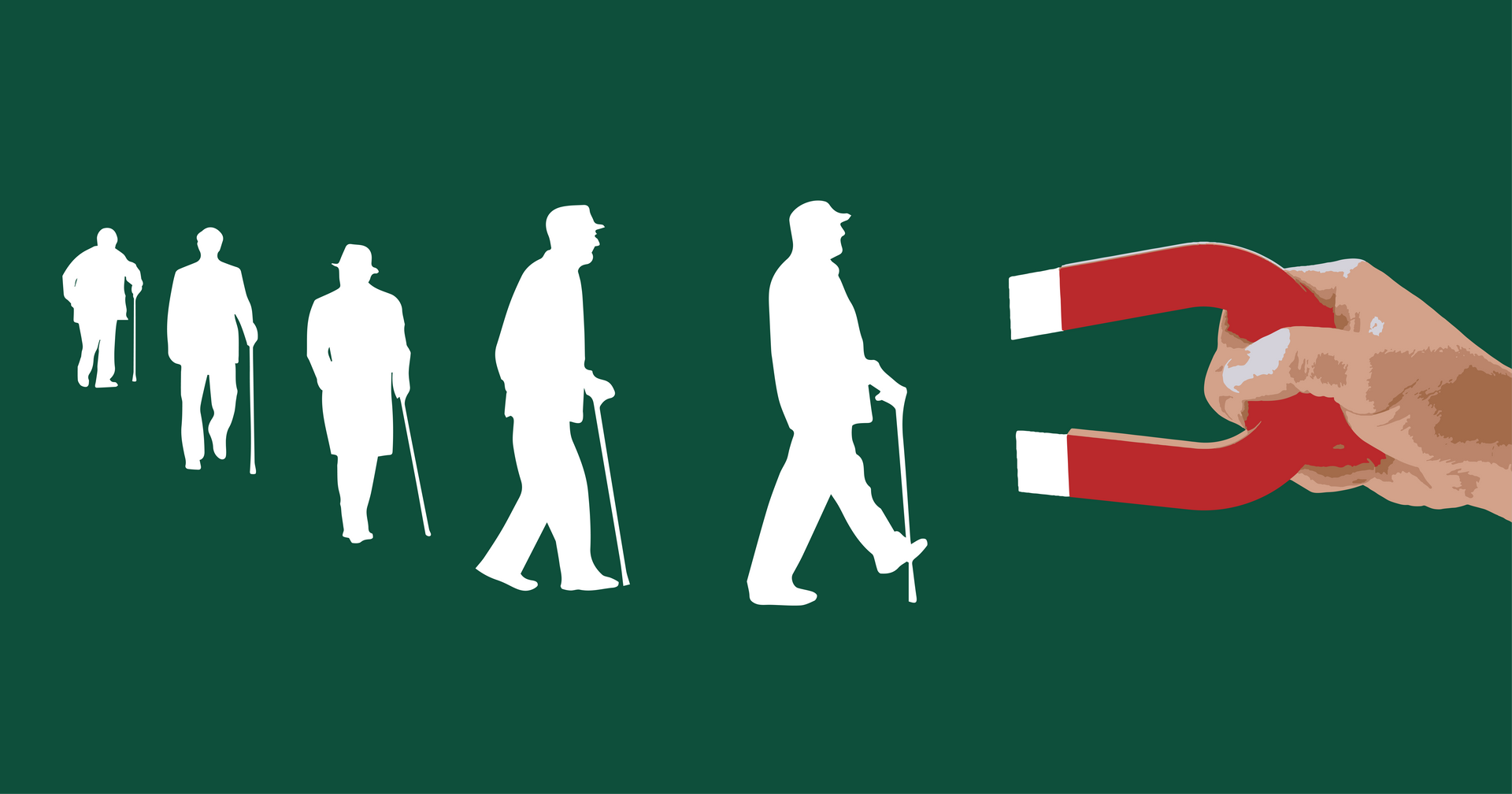 A magnet attracting silhouetted elderly people walking with canes on a green background.