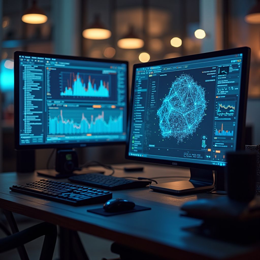 Two computer monitors displaying data analysis graphs in a dimly lit office. A keyboard, mouse, and cup are on the desk.