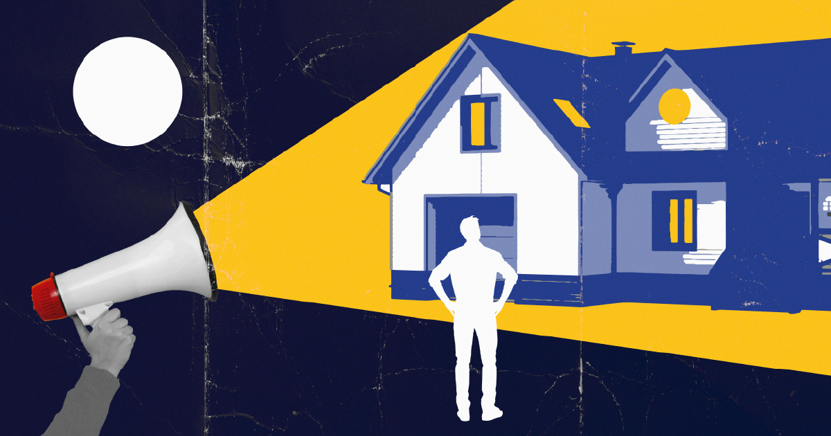 A person silhouette looks at a house lit by a spotlight from a megaphone held by a hand.