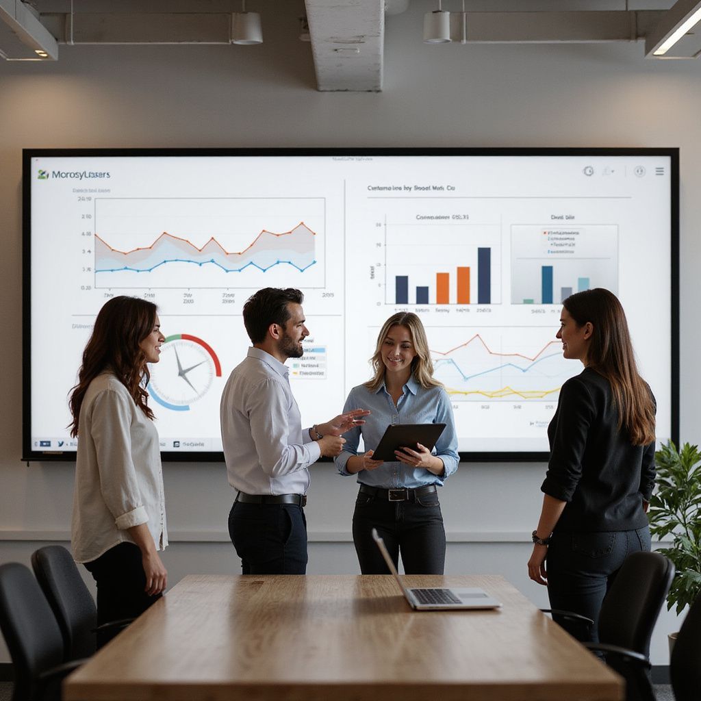 Four business people in a meeting discussing graphs on a large screen in a modern office.