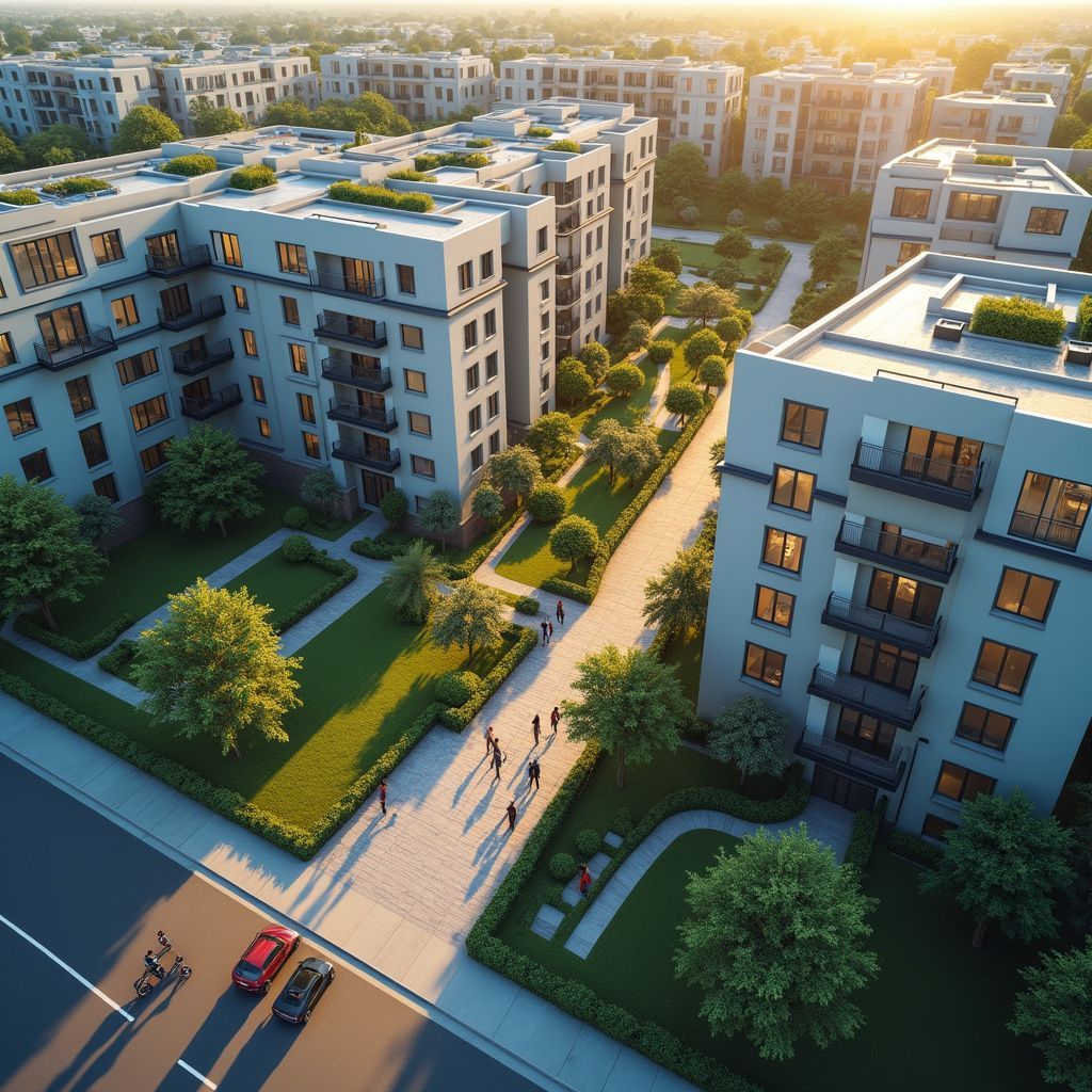 Aerial view of modern apartment buildings, green spaces, and walking path with people; sunny day.