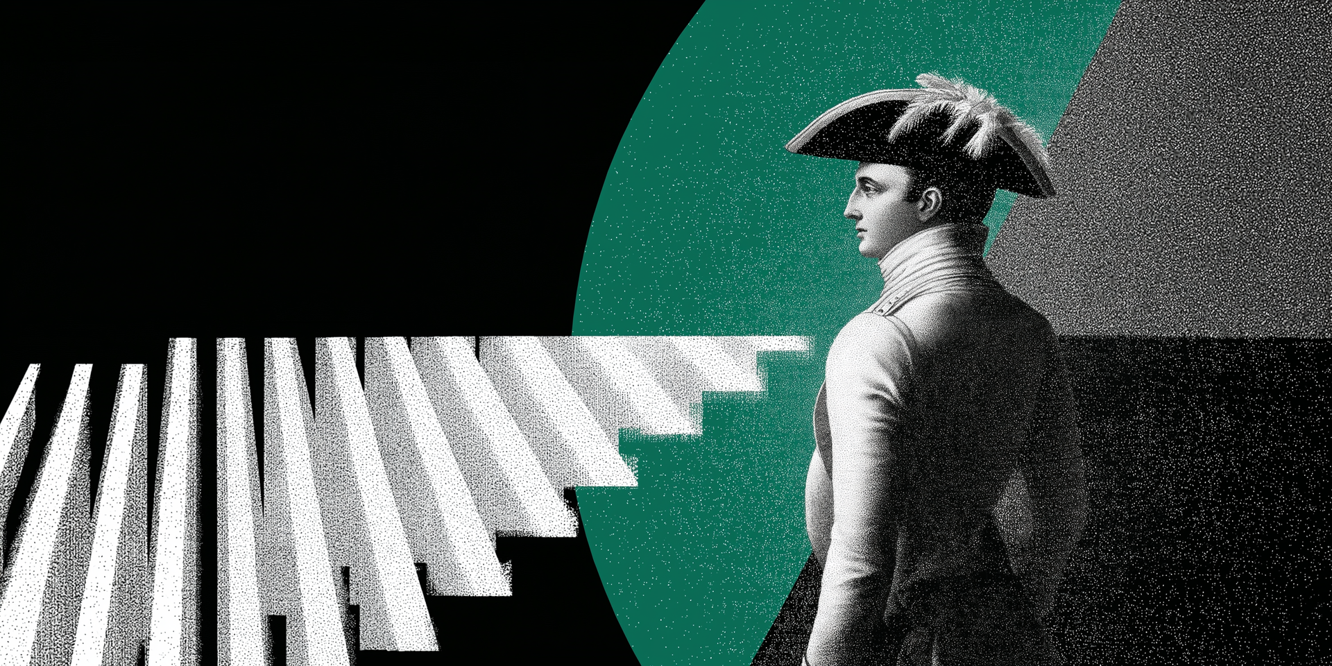 Man in historical attire facing forward with stairs, green and black geometric shapes.