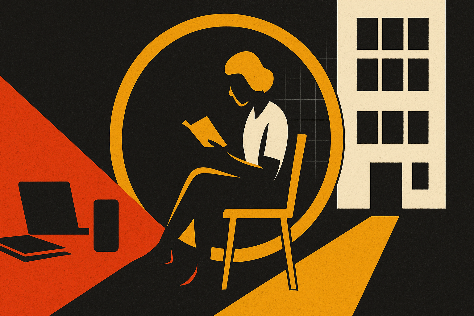 Woman reading in a chair, inside a circle, with a laptop and building outside, lit in orange.
