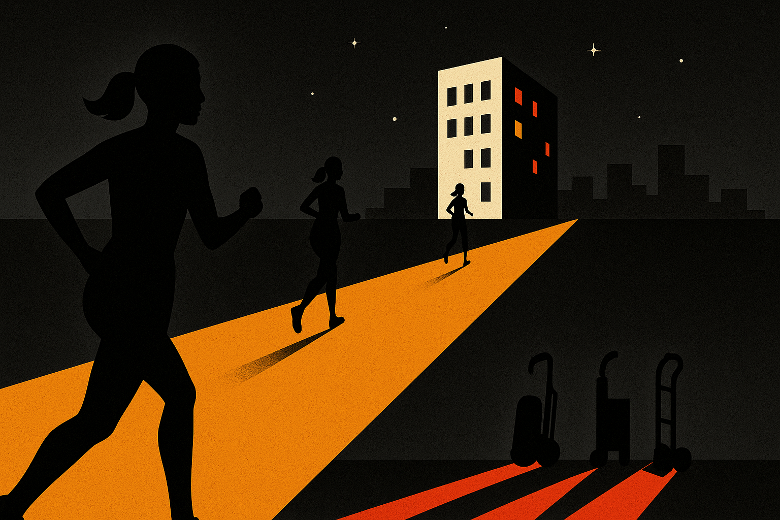Silhouetted runners on an illuminated path towards a building at night.