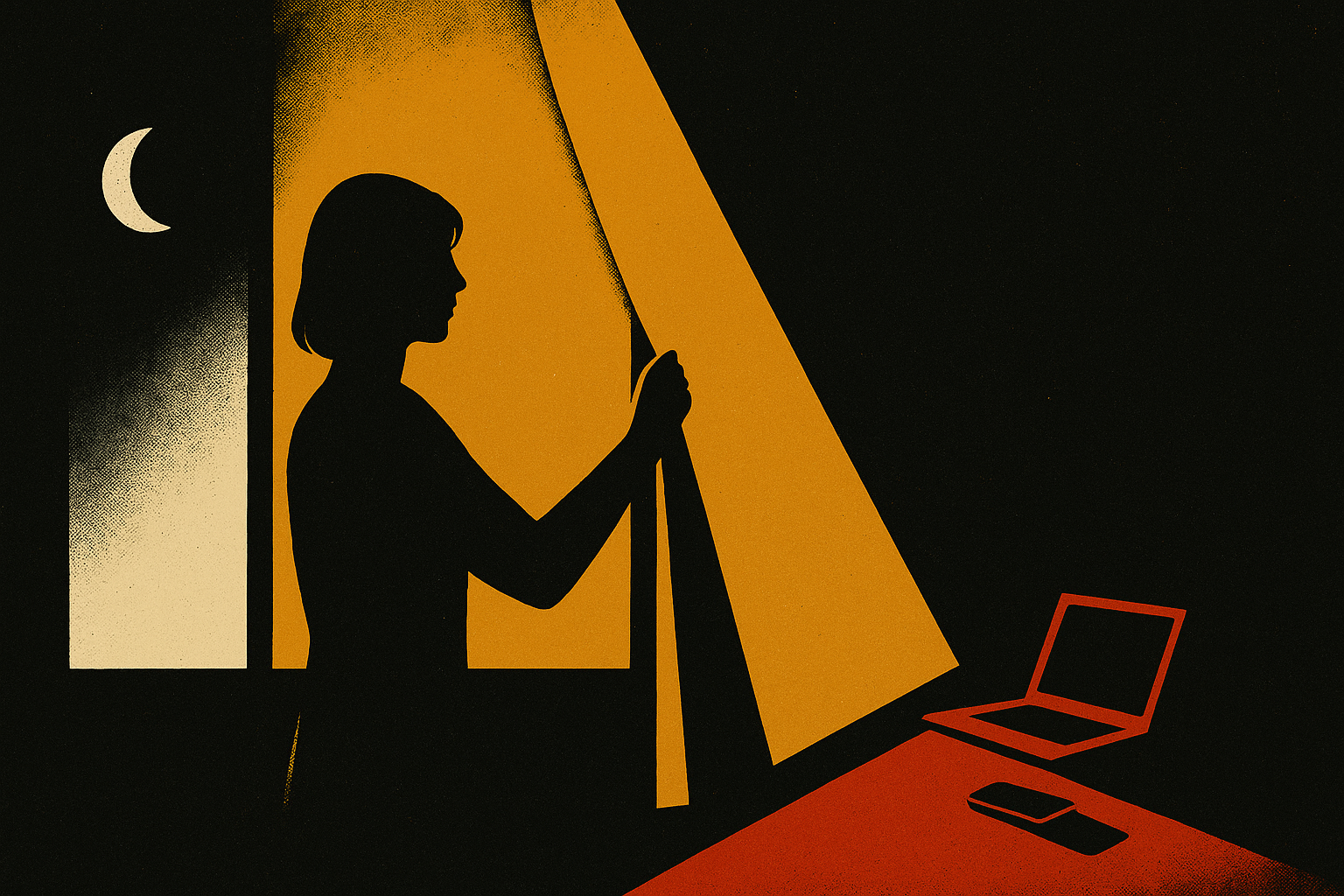 Silhouette of woman opening curtains at night, revealing moon. Laptop and phone on desk.