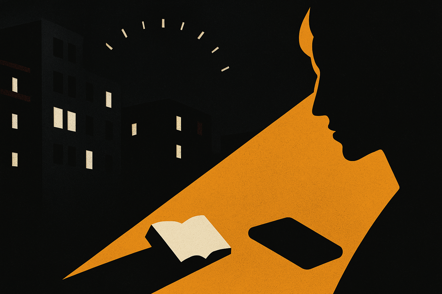 Silhouette of person reading a book at night, illuminated by a warm light with city lights in the background.