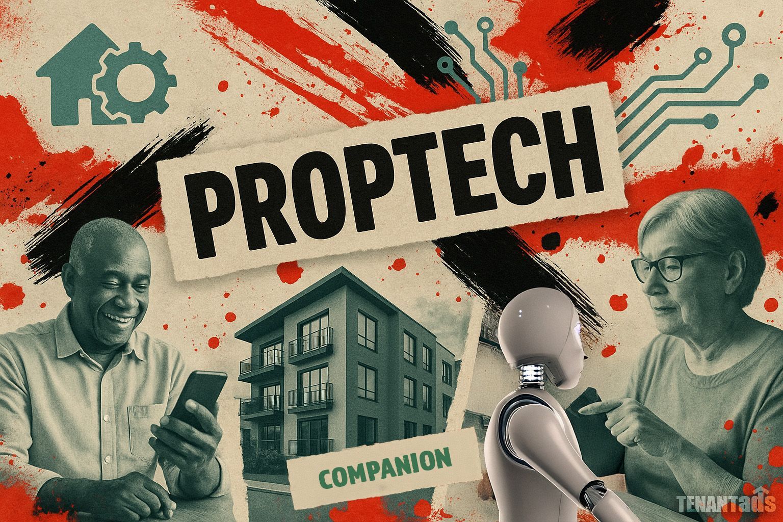 Proptech graphic: Seniors, robot companion, modern building, tech icons, and headline.
