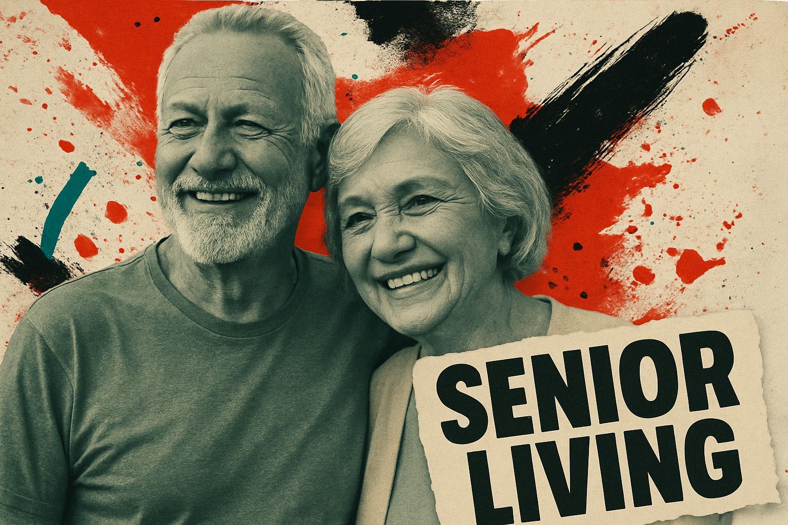 Smiling senior couple; background art;