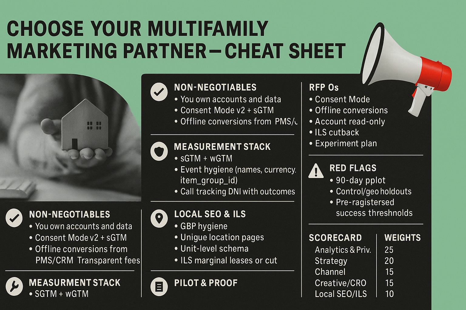 Cheat sheet for choosing a multifamily marketing partner, with a megaphone and scorecard details.