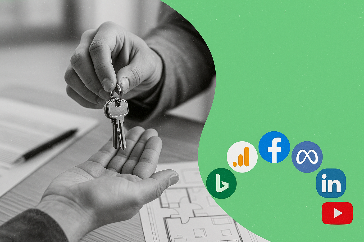 Person handing keys to another person, with social media icons.