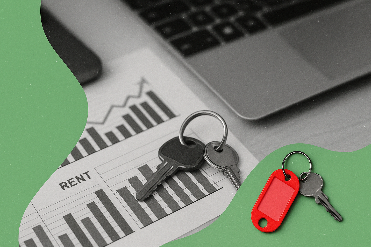 Keys on a financial graph with a laptop.