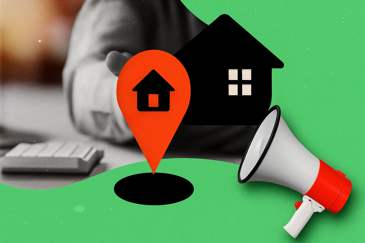 Real estate promotion: House icon over a map pin, megaphone, and a house silhouette on green.