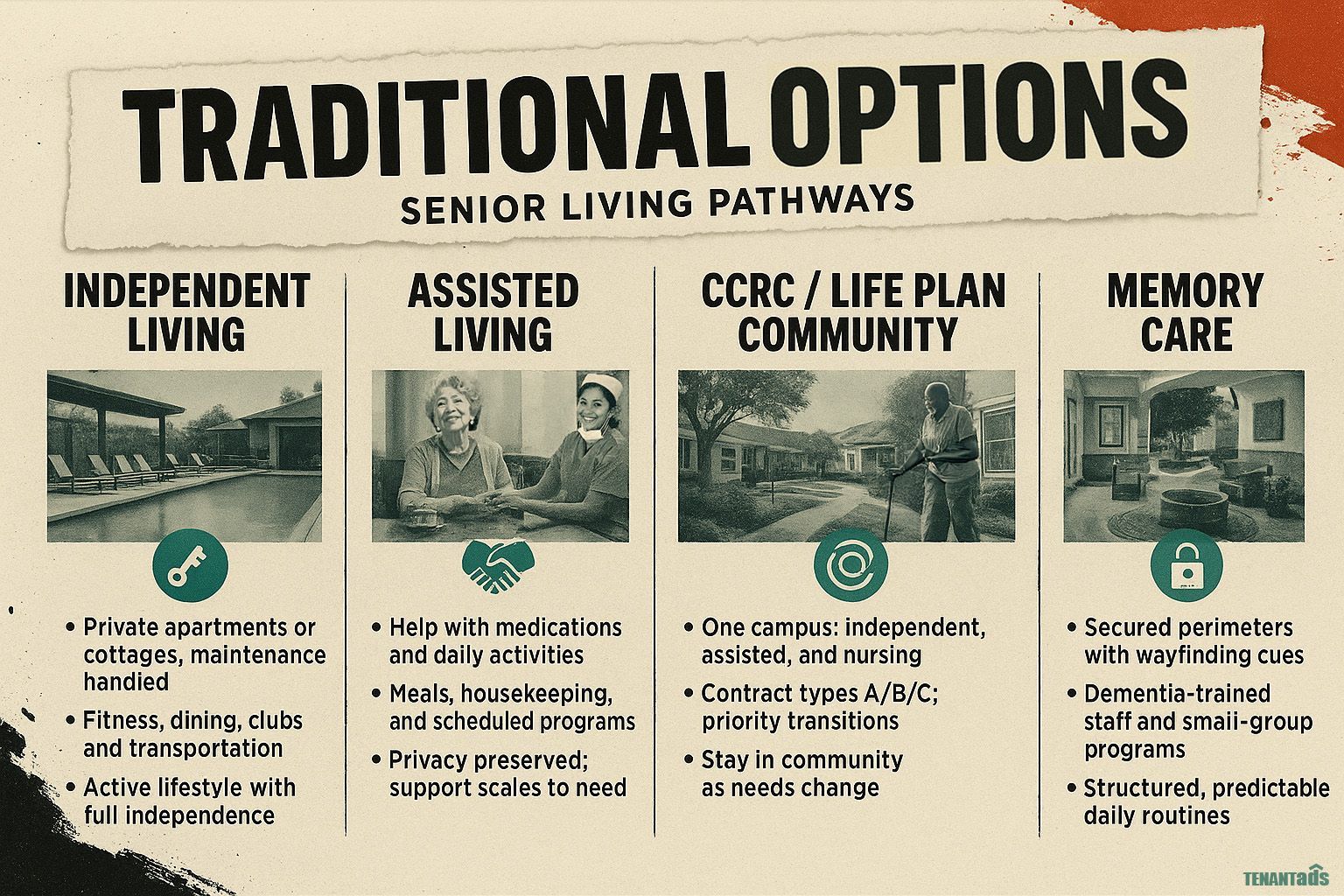 Infographic showing senior living options: independent, assisted, CCRC, memory care, with descriptions.