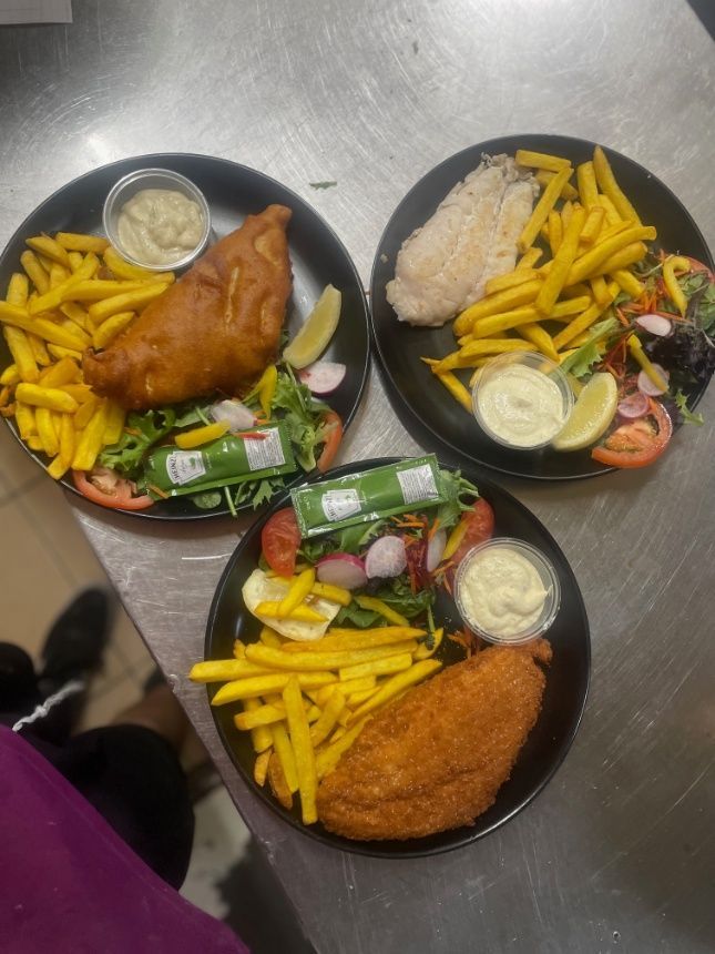 Battered, Crumbed and Grilled Fish With Chips and Salad — Kinka Kippa in Kinka Beach