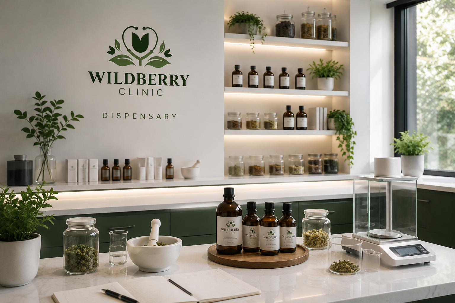 Bright herbal clinic reception with shelves of bottles, plants, and a white counter labeled WILDBERRY CLINIC