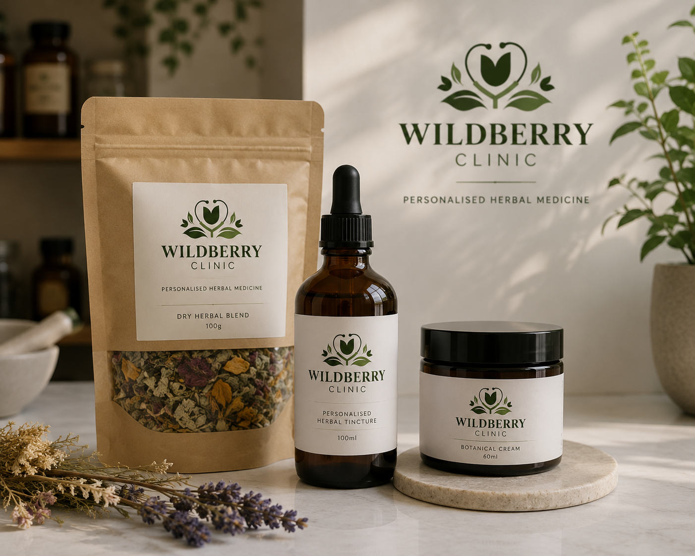Wildberry Clinic herbal skincare products on a tabletop, with pouch, bottle, jar, and flowers