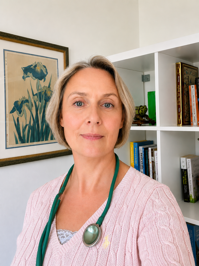 Woman standing indoors in a pink sweater with a stethoscope, beside a white bookshelf.