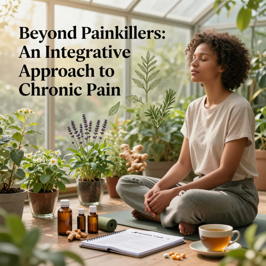 Woman meditating beside potted herbs, notebook, tea, and tinctures under the title “Beyond Painkillers”