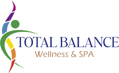Logo for Total Balance Wellness & Spa, with a colorful stylized person and text in navy and brown.