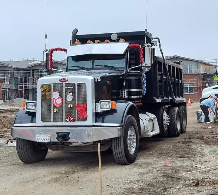 An excavator loading a dump truck on a dirt road next to green fields