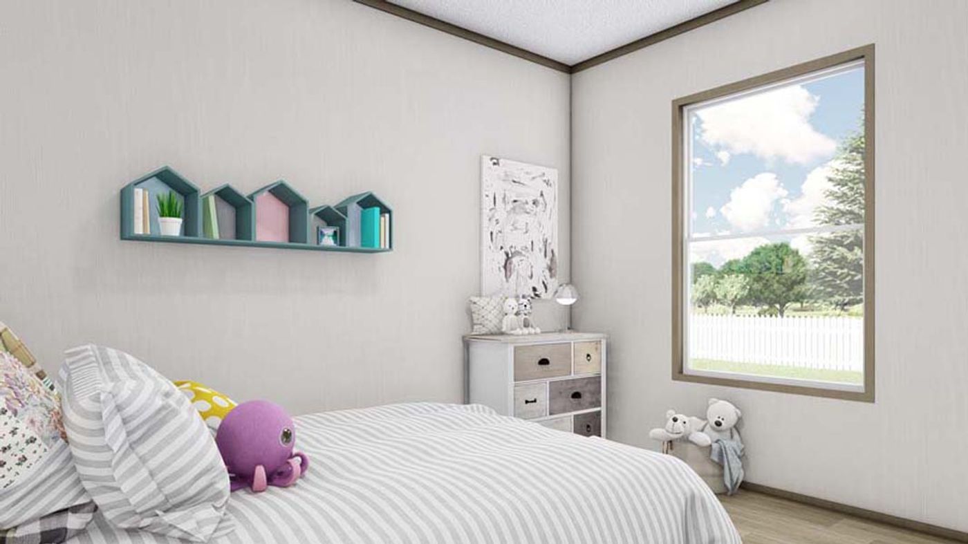 A bedroom with a bed , dresser , shelves and a window.