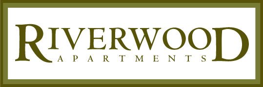 A logo for riverwood apartments with a green frame