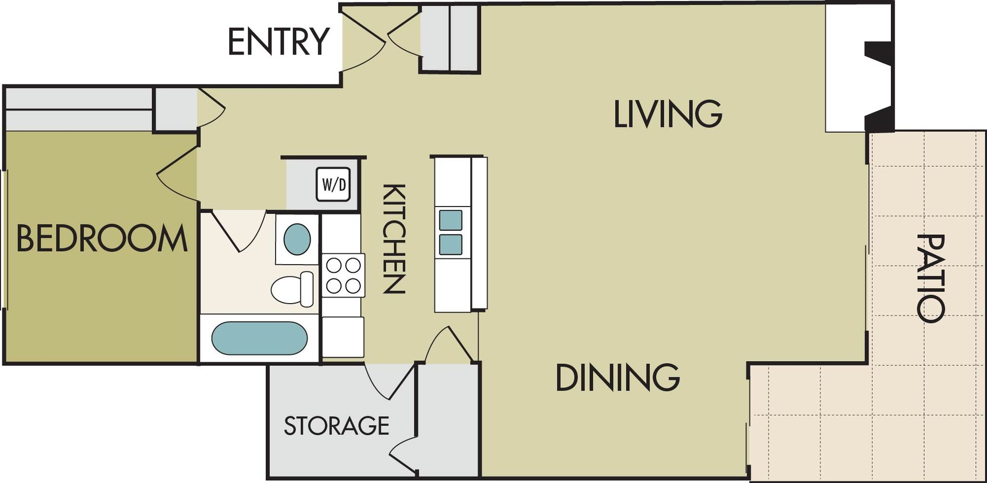 A floor plan of a bedroom , living room , kitchen and patio.
