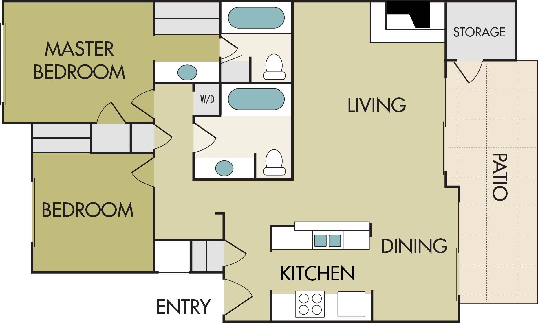A floor plan of a house with a bedroom , living room , and kitchen.