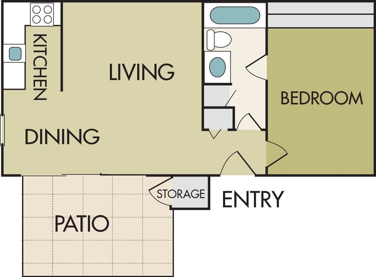 A floor plan of a bedroom apartment with a patio
