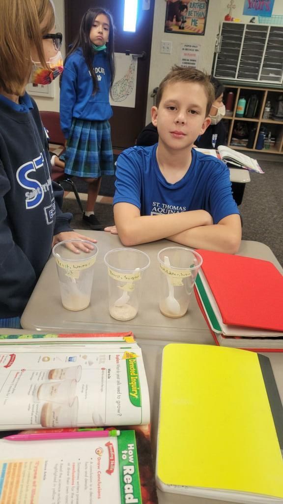 Student seated at classroom table with cups, books, and colorful folders in the foreground