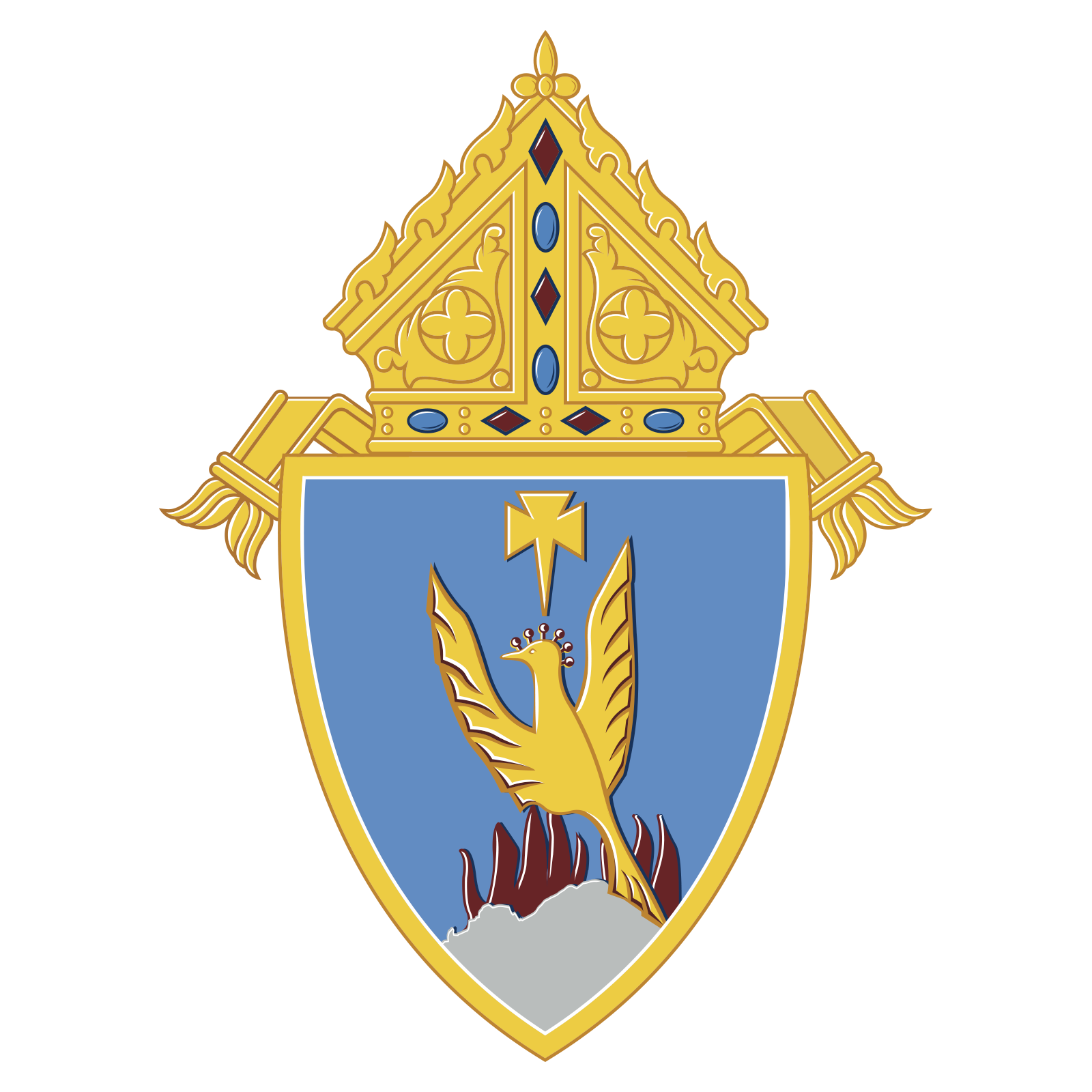 Gold and blue heraldic shield with a winged figure and ornate gold bishop’s mitre above