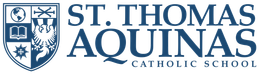 St. Thomas Aquinas Catholic School logo with blue shield crest and navy text on white background