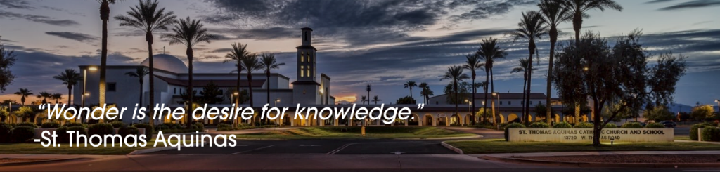 Sunset campus scene with palm trees and a lit tower, overlaid with the quote “Wonder is the desire for knowledge.” — St. Thomas Aquinas