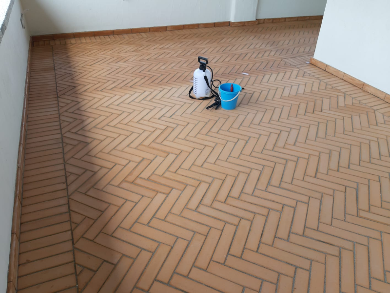 Pavimento in mattoni a spina di pesce con bordura, spruzzatore e secchio blu.