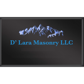 Logo: Dark background, blue mountain range graphic, blue text "D' Lara Masonry LLC".