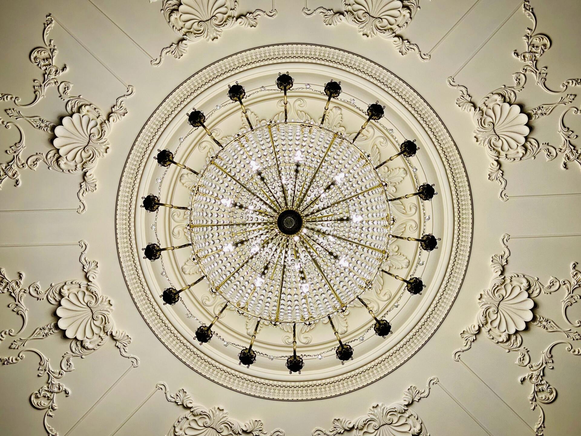 Ornate ceiling with a crystal chandelier, encircled by intricate white molding and floral details.