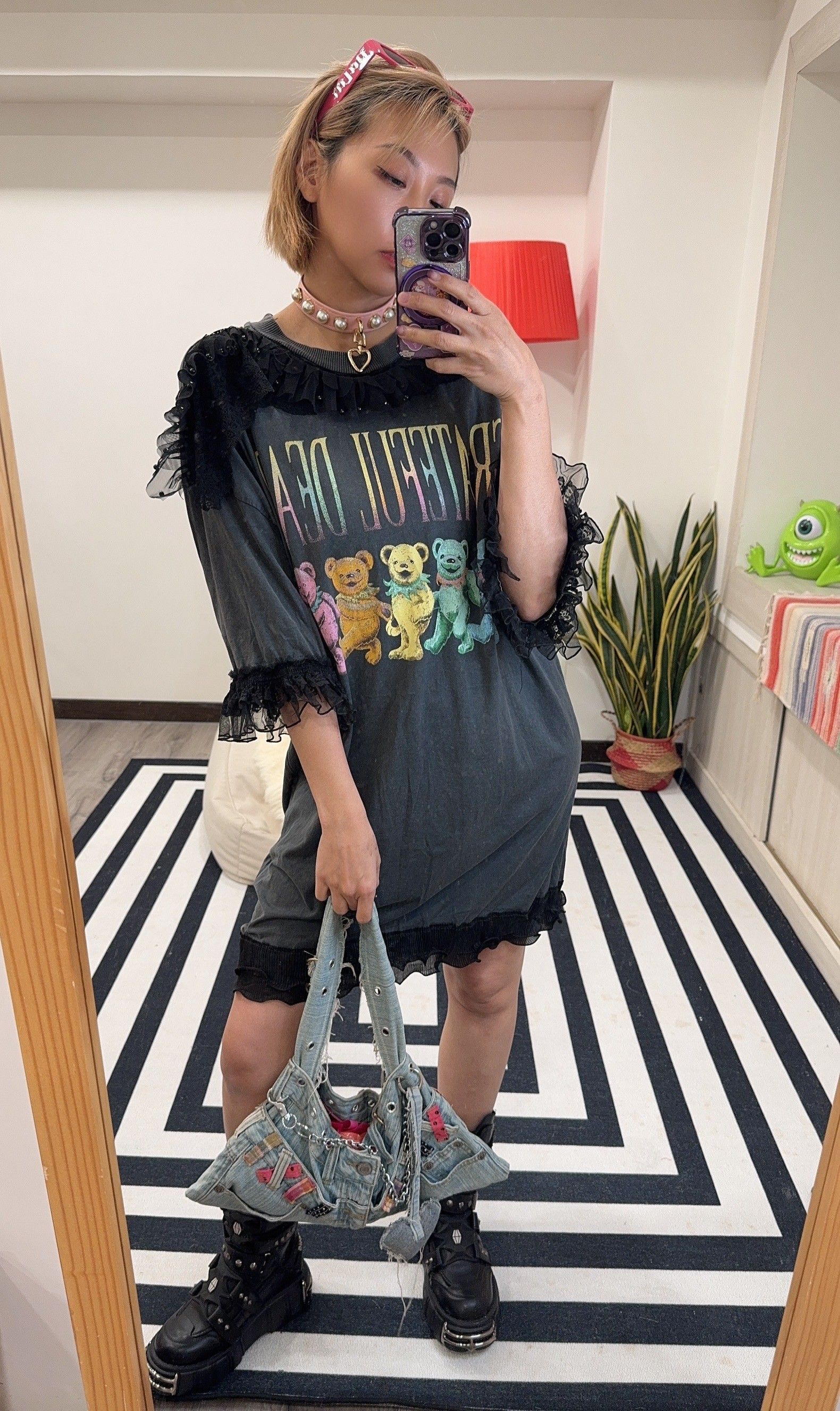 拼接蕾絲美式復古長T