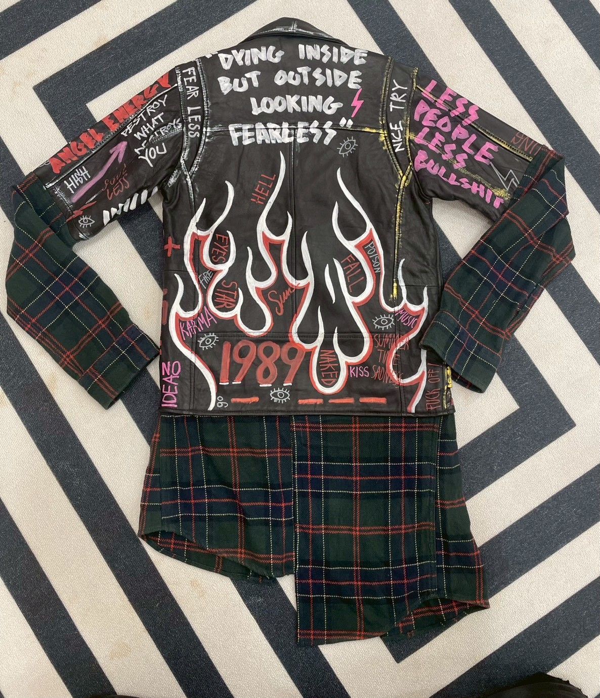 『重工』解構手繪真皮拼格紋外套