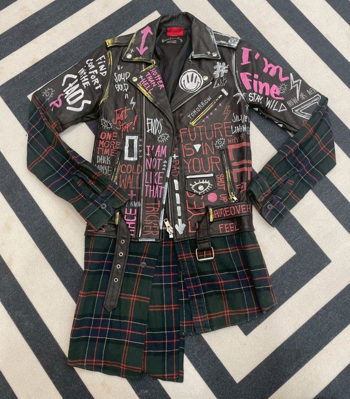 『重工』解構手繪真皮拼格紋外套