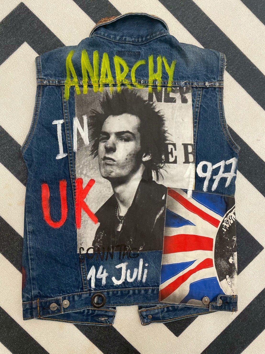 『手工』豹紋領拼貼嬉皮牛仔背心