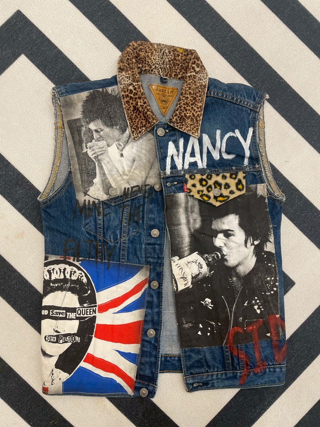 『手工』豹紋領拼貼嬉皮牛仔背心