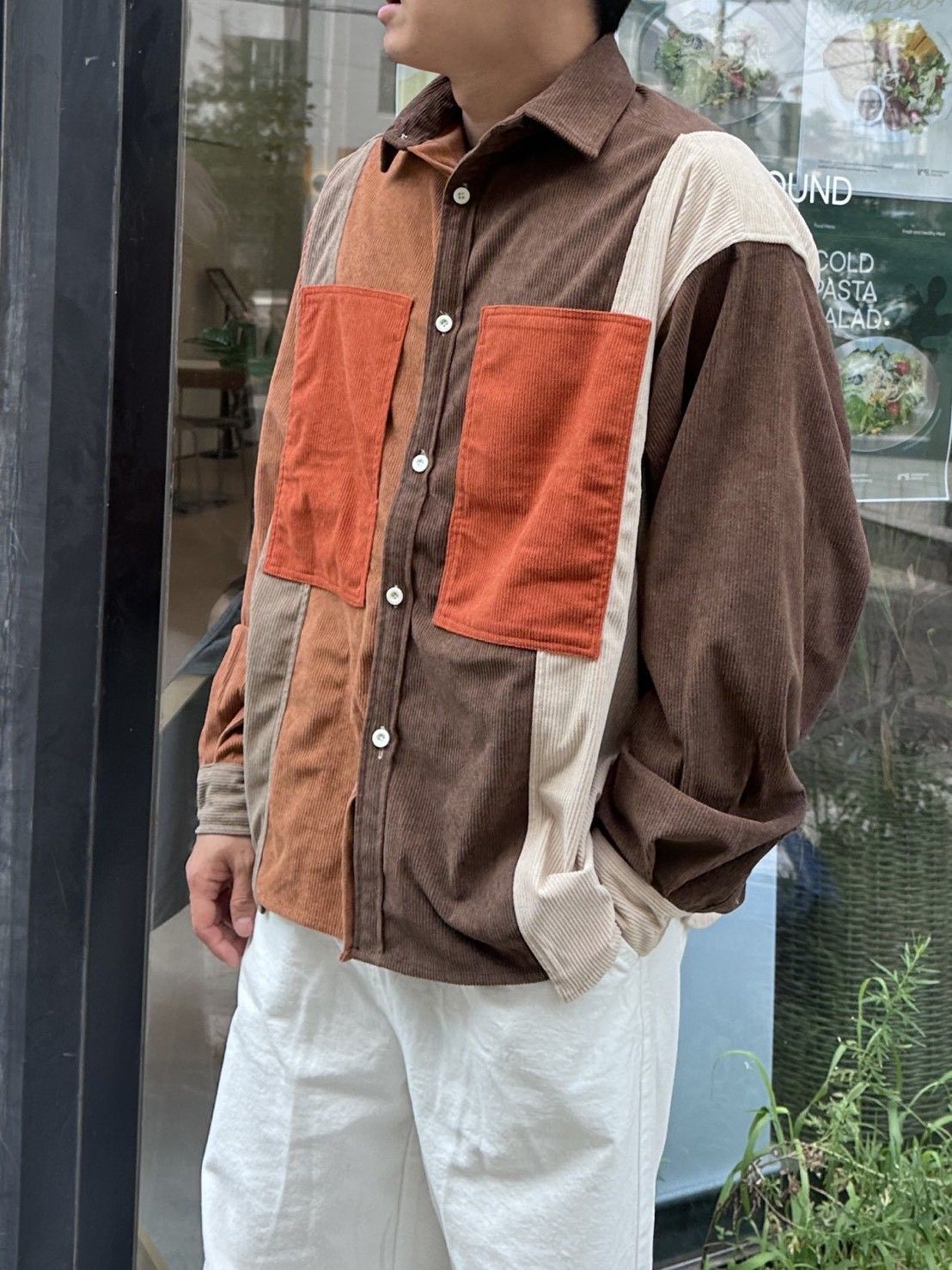 個性拚色植絨襯衫